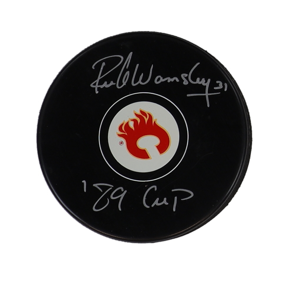 Rick Wamsley Signed Flames Stanley Cup Logo Hockey Puck Inscribed "'89 Cup" (COJO) at PristineAuction.com