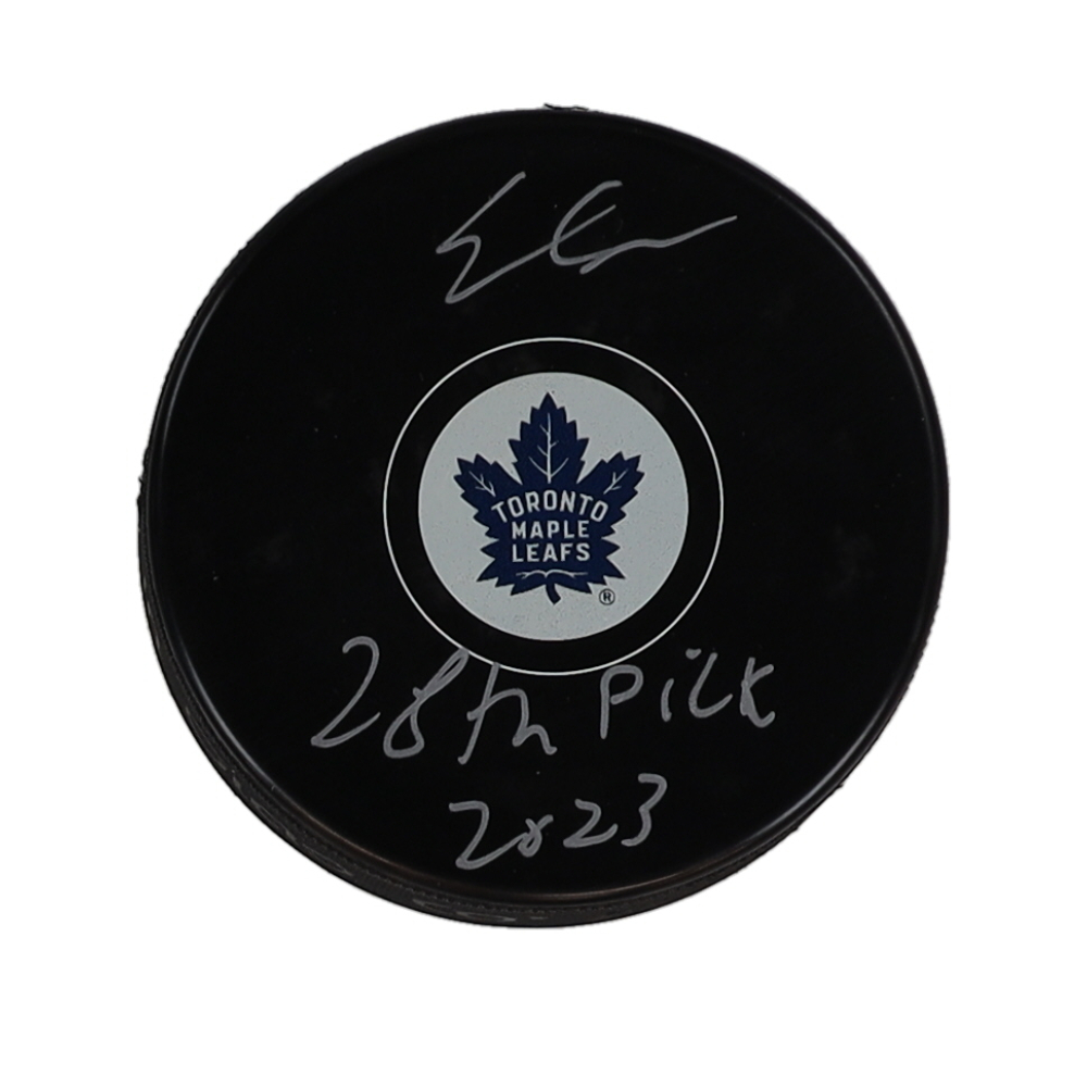 Easton Cowan Signed Maple Leafs Hockey Puck Inscribed "28th Pick 2023" (COJO) at PristineAuction.com