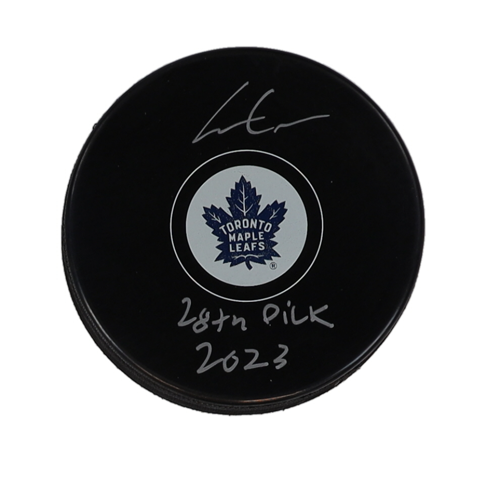 Easton Cowan Signed Maple Leafs Hockey Puck Inscribed "28th Pick 2023" (COJO) at PristineAuction.com