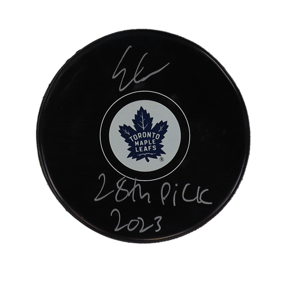 Easton Cowan Signed Maple Leafs Hockey Puck Inscribed "28th Pick 2023" (COJO) at PristineAuction.com