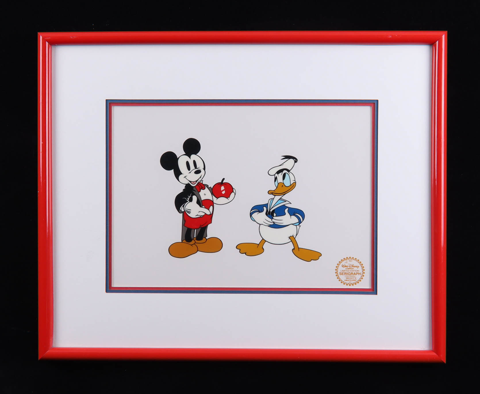 Walt Disney's Mickey & Donald Duck "Mickey's Amateurs" Custom Framed Animation Cel Display With Official Disney Seal at PristineAuction.com Walt Disney's Mickey & Donald Duck "Mickey's Amateurs" Custom Framed Animation Cel Display With Official Disney Seal at PristineAuction.com