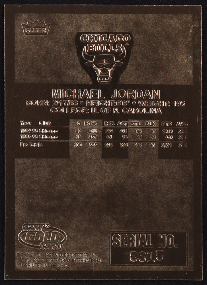 Michael Jordan 1997 Fleer Premier Signature Series Red Holo Refractor 23Kt Gold Card at PristineAuction.com Michael Jordan 1997 Fleer Premier Signature Series Red Holo Refractor 23Kt Gold Card at PristineAuction.com