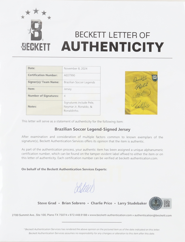 Brazil National Team Jersey Signed By (4) Pele, Ronaldinho, Neymar Jr. & Ronaldo (Beckett) at PristineAuction.com Brazil National Team Jersey Signed By (4) Pele, Ronaldinho, Neymar Jr. & Ronaldo (Beckett) at PristineAuction.com