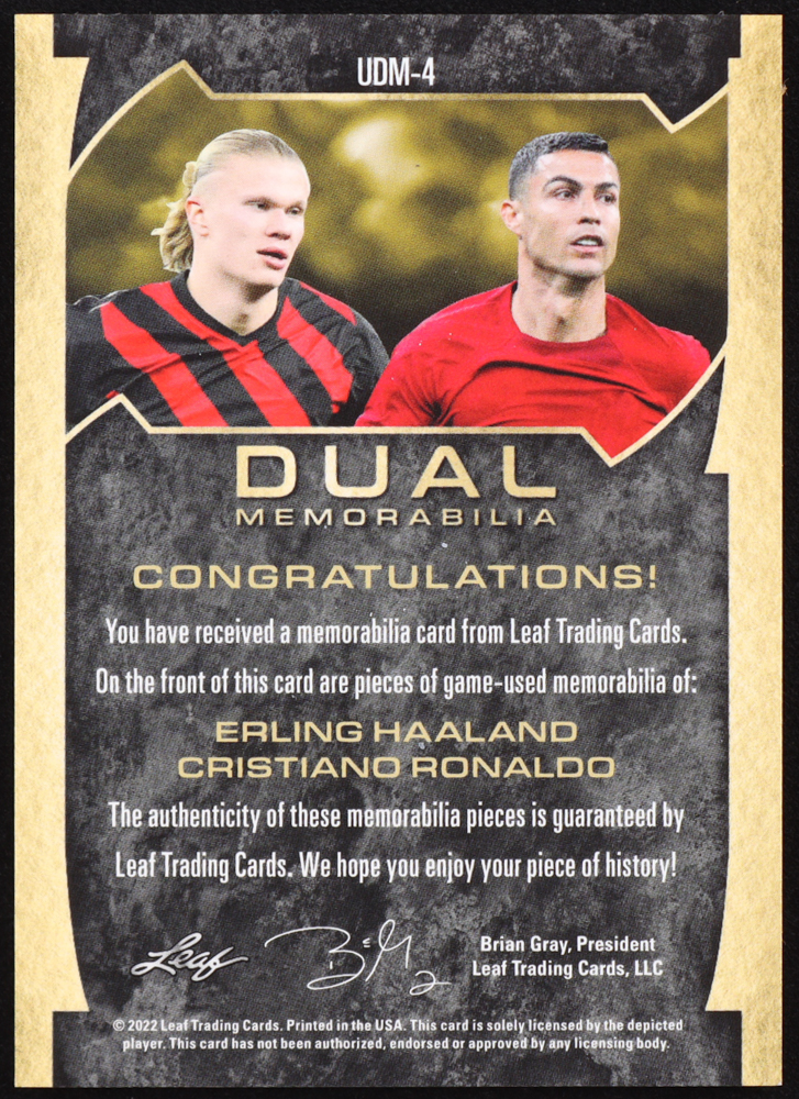 Erling Haaland / Cristiano Ronaldo 2022 Leaf Ultimate Soccer Dual Memorabilia Spectrum Platinum Blue #UDM4 #12/20 at PristineAuction.com Erling Haaland / Cristiano Ronaldo 2022 Leaf Ultimate Soccer Dual Memorabilia Spectrum Platinum Blue #UDM4 #12/20 at PristineAuction.com