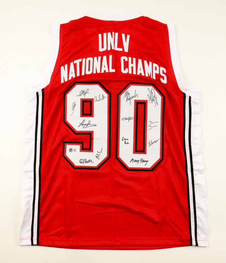 1989-1990 UNLV Runnin' Rebels Championship Team Signed Jersey By (13) With Larry Johnson, Stacy Augmon, Travis Bice, James Jones (Beckett) at PristineAuction.com 1989-1990 UNLV Runnin' Rebels Championship Team Signed Jersey By (13) With Larry Johnson, Stacy Augmon, Travis Bice, James Jones (Beckett) at PristineAuction.com