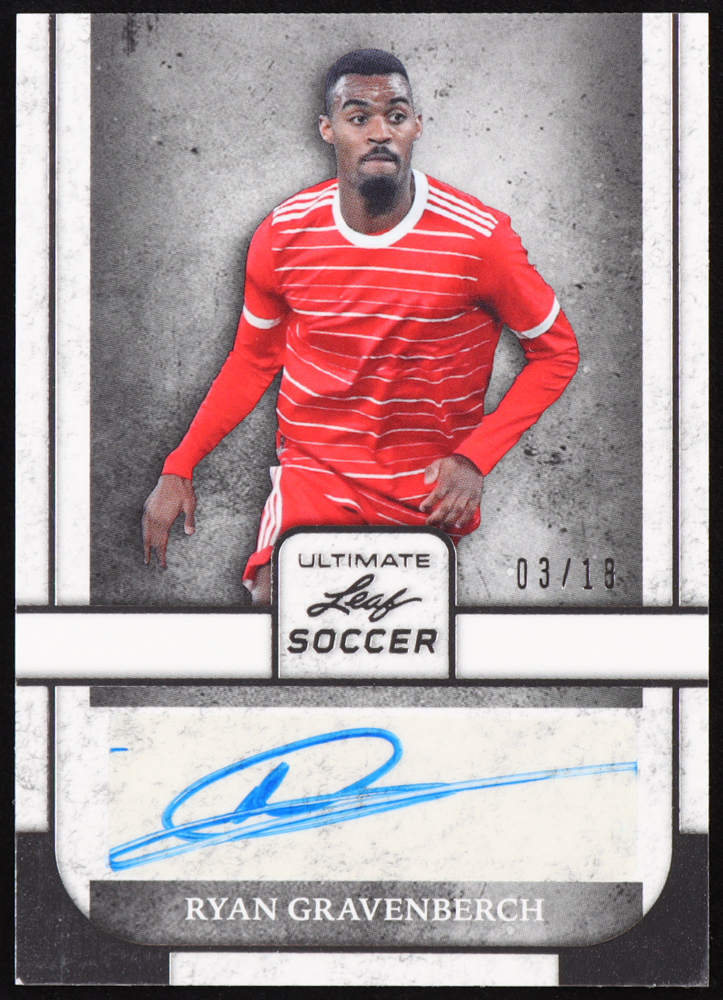 Ryan Gravenberch 2022 Leaf Ultimate Soccer Autographs Silver #BARG1 #03/18 at PristineAuction.com Ryan Gravenberch 2022 Leaf Ultimate Soccer Autographs Silver #BARG1 #03/18 at PristineAuction.com