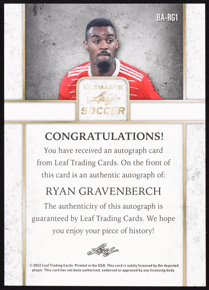 Ryan Gravenberch 2022 Leaf Ultimate Soccer Autographs Silver #BARG1 #03/18 at PristineAuction.com Ryan Gravenberch 2022 Leaf Ultimate Soccer Autographs Silver #BARG1 #03/18 at PristineAuction.com