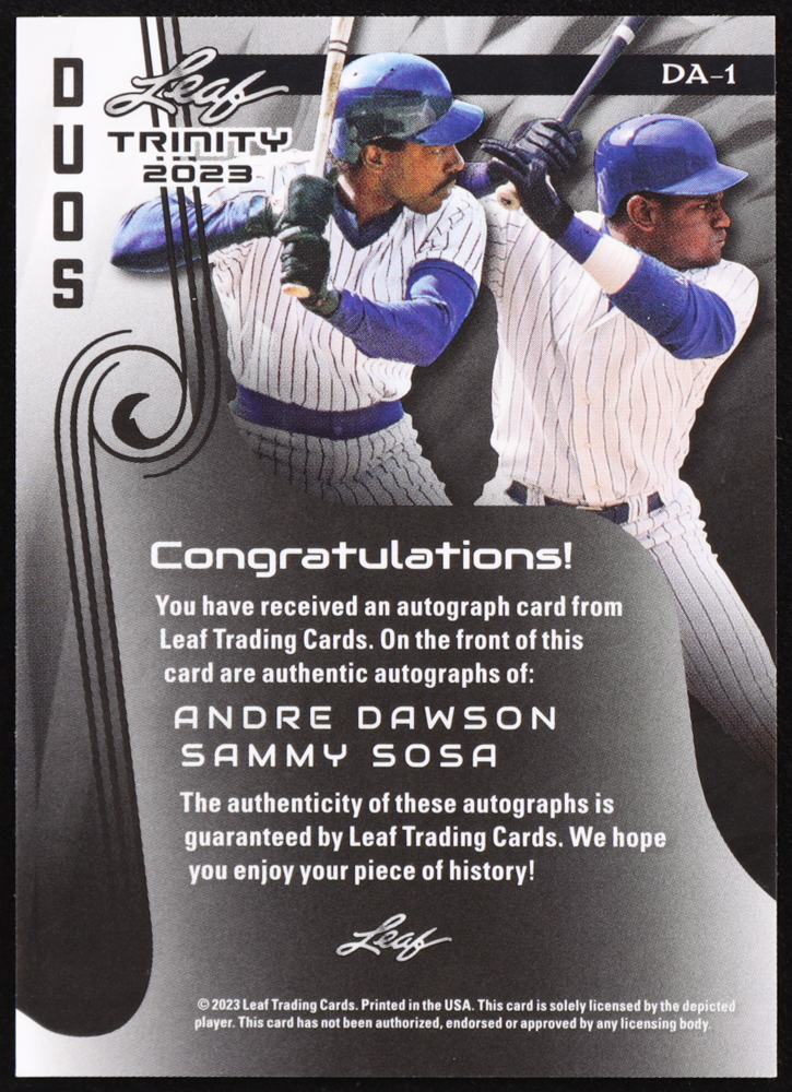 Andre Dawson / Sammy Sosa 2023 Leaf Trinity Duos Autographs Spectrum Silver #DA1 #1/1 at PristineAuction.com Andre Dawson / Sammy Sosa 2023 Leaf Trinity Duos Autographs Spectrum Silver #DA1 #1/1 at PristineAuction.com