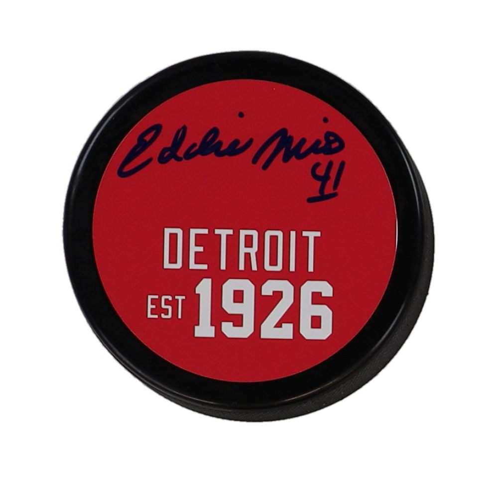 Eddie Mio Signed Red Wings Logo Hockey Puck (JSA) at PristineAuction.com