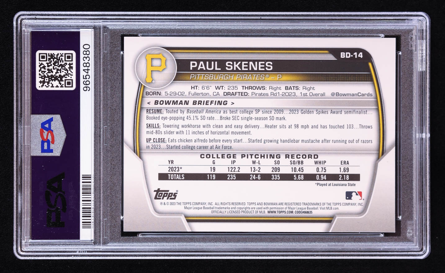 Paul Skenes 2023 Bowman Draft #BD14 RC (PSA 10) at PristineAuction.com Paul Skenes 2023 Bowman Draft #BD14 RC (PSA 10) at PristineAuction.com