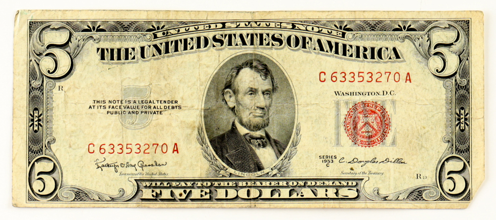 1953-C U.S. $5 Five Dollars Legal Tender Note - Red Seal at PristineAuction.com 1953-C U.S. $5 Five Dollars Legal Tender Note - Red Seal at PristineAuction.com