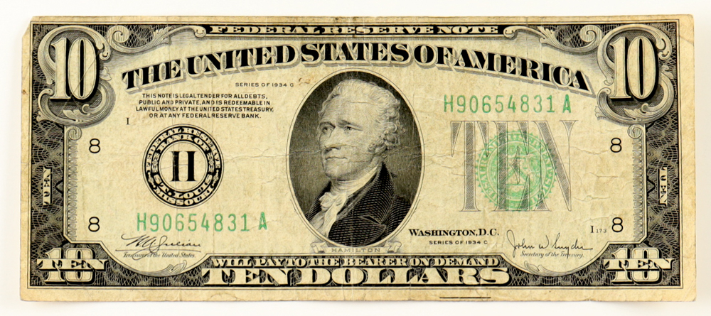 1934-C U.S. $10 Ten Dollars Federal Reserve Note - Light Green Seal at PristineAuction.com 1934-C U.S. $10 Ten Dollars Federal Reserve Note - Light Green Seal at PristineAuction.com