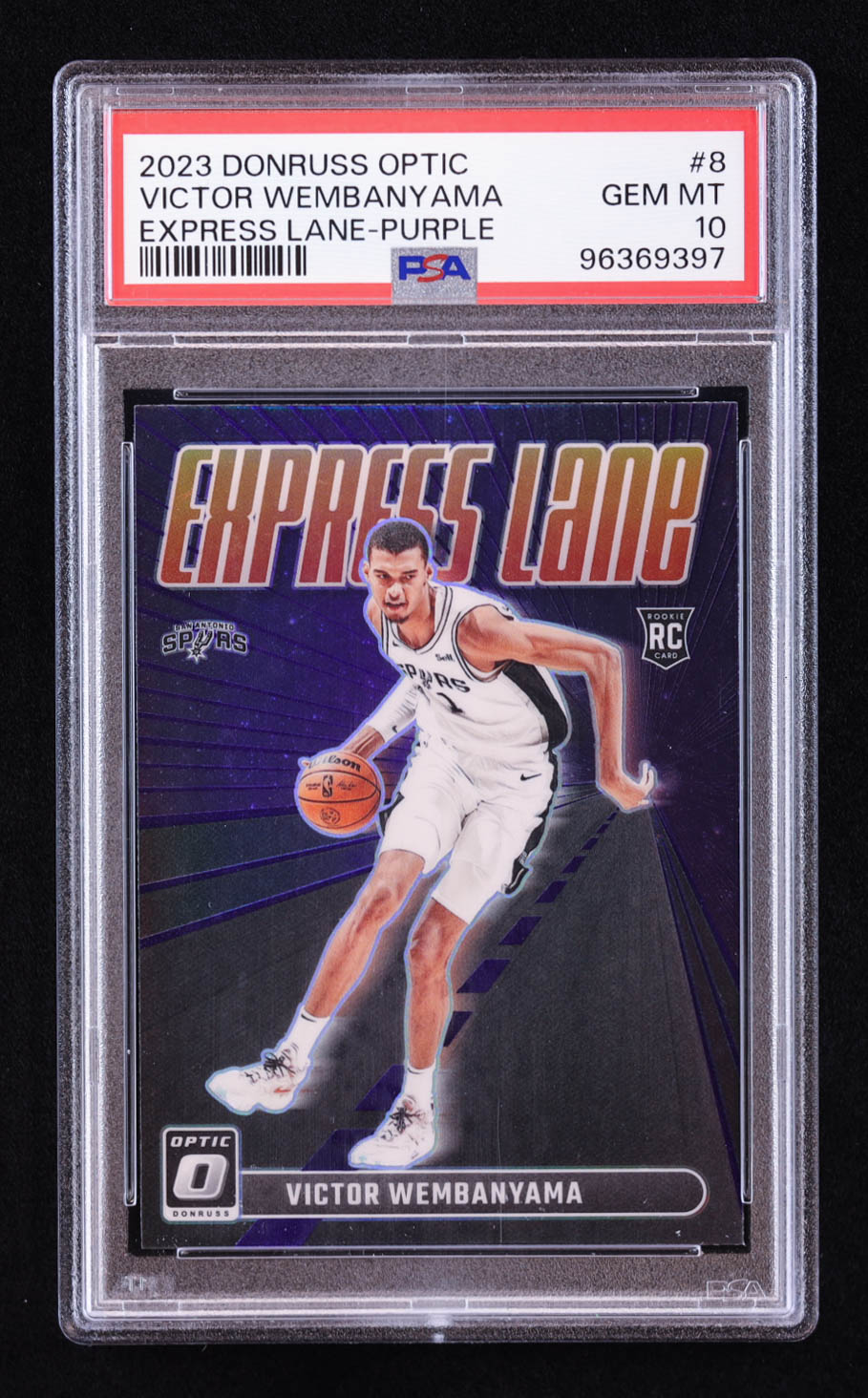 Victor Wembanyama 2023-24 Donruss Optic Express Lane Purple #8 RC (PSA 10) at PristineAuction.com Victor Wembanyama 2023-24 Donruss Optic Express Lane Purple #8 RC (PSA 10) at PristineAuction.com