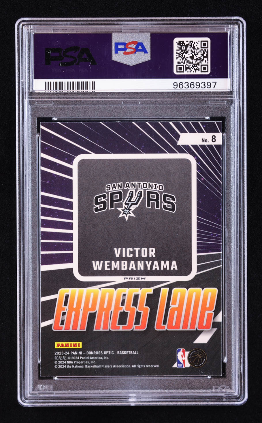 Victor Wembanyama 2023-24 Donruss Optic Express Lane Purple #8 RC (PSA 10) at PristineAuction.com Victor Wembanyama 2023-24 Donruss Optic Express Lane Purple #8 RC (PSA 10) at PristineAuction.com
