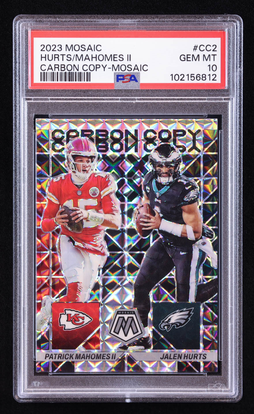 Jalen Hurts / Patrick Mahomes II 2023 Panini Mosaic Carbon Copy Mosaic #2 (PSA 10) at PristineAuction.com Jalen Hurts / Patrick Mahomes II 2023 Panini Mosaic Carbon Copy Mosaic #2 (PSA 10) at PristineAuction.com