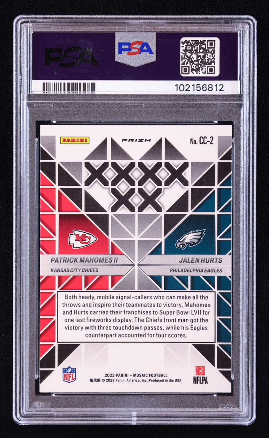Jalen Hurts / Patrick Mahomes II 2023 Panini Mosaic Carbon Copy Mosaic #2 (PSA 10) at PristineAuction.com Jalen Hurts / Patrick Mahomes II 2023 Panini Mosaic Carbon Copy Mosaic #2 (PSA 10) at PristineAuction.com