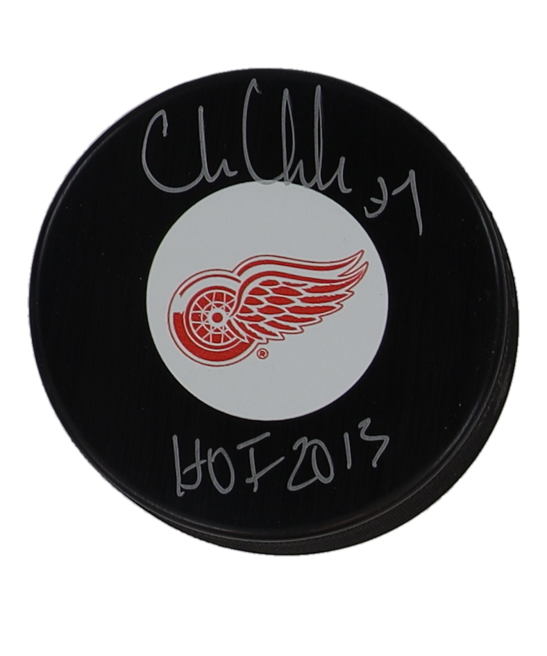 Chris Chelios Signed Red Wings Logo Hockey Puck Inscribed "HOF 2013" (COJO) at PristineAuction.com Chris Chelios Signed Red Wings Logo Hockey Puck Inscribed "HOF 2013" (COJO) at PristineAuction.com
