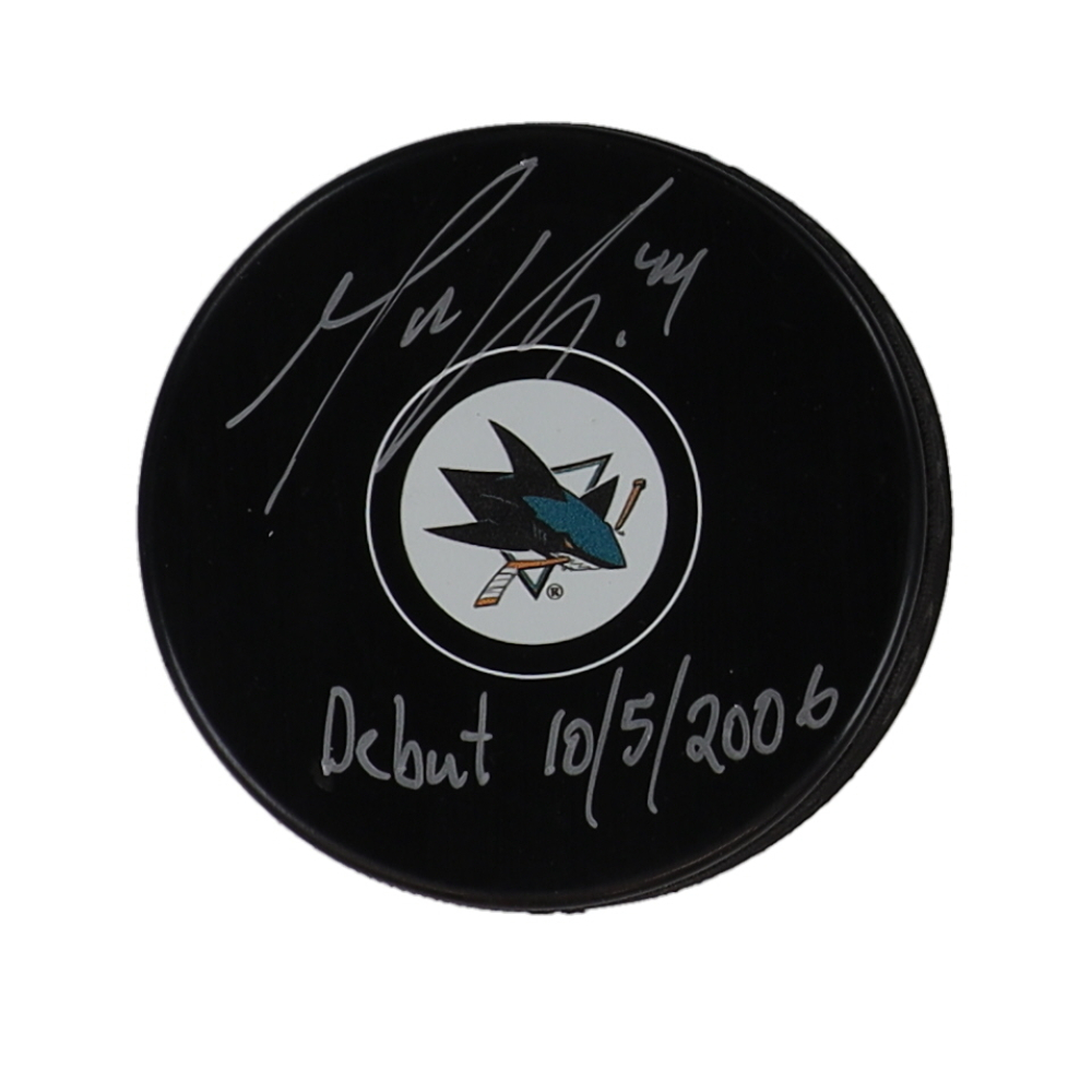Marc-Edouard Vlasic Signed Sharks Logo Hockey Puck Inscribed "Debut 10/5/2006" (COJO) at PristineAuction.com