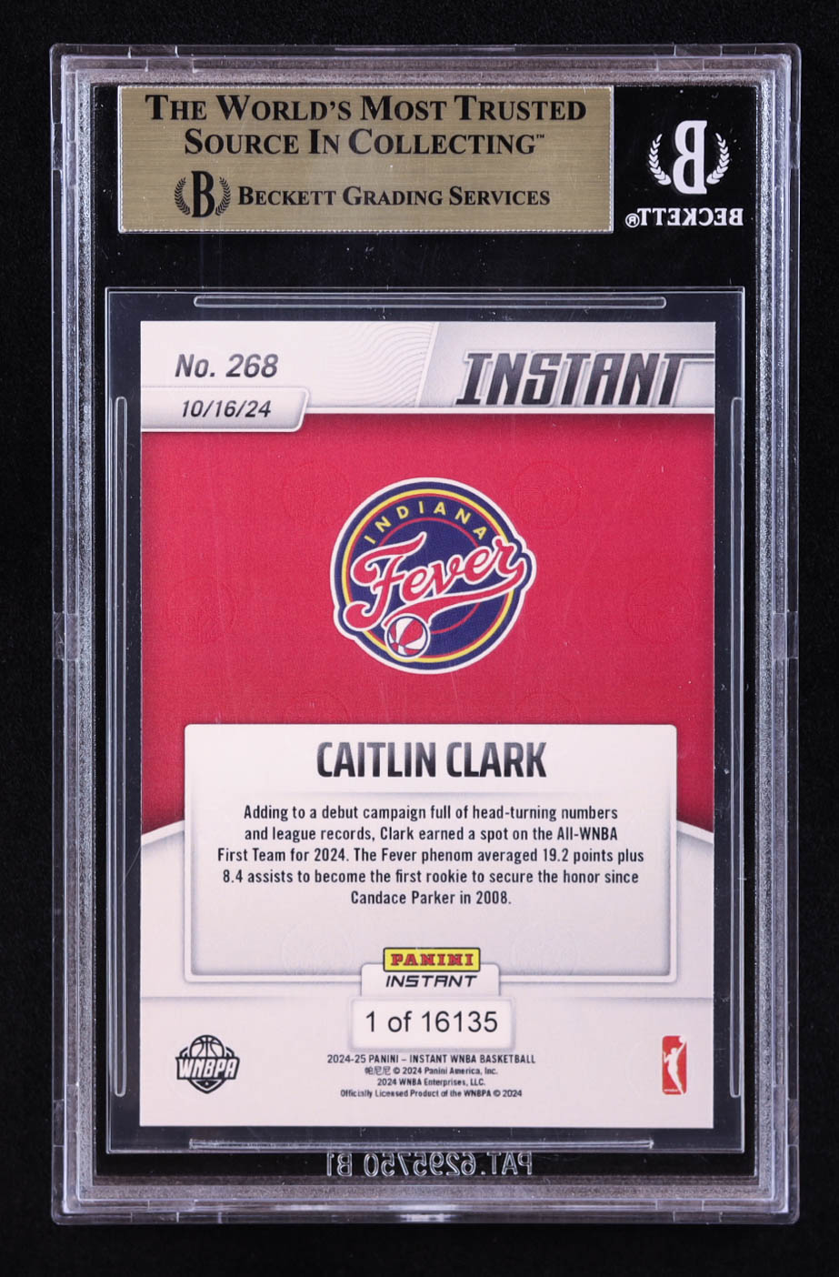Caitlin Clark 2024 Panini Instant WNBA #268 RC (BGS 10) at PristineAuction.com Caitlin Clark 2024 Panini Instant WNBA #268 RC (BGS 10) at PristineAuction.com