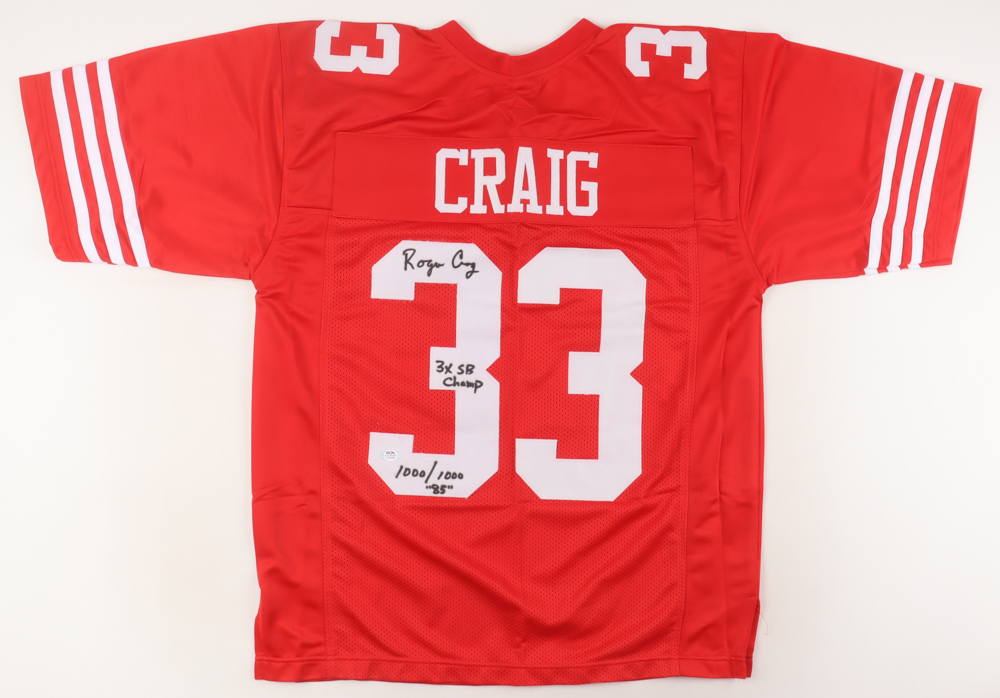 Roger Craig Signed Jersey Inscribed "3x SB Champ" & "1000/1000 85" (PSA) at PristineAuction.com Roger Craig Signed Jersey Inscribed "3x SB Champ" & "1000/1000 85" (PSA) at PristineAuction.com