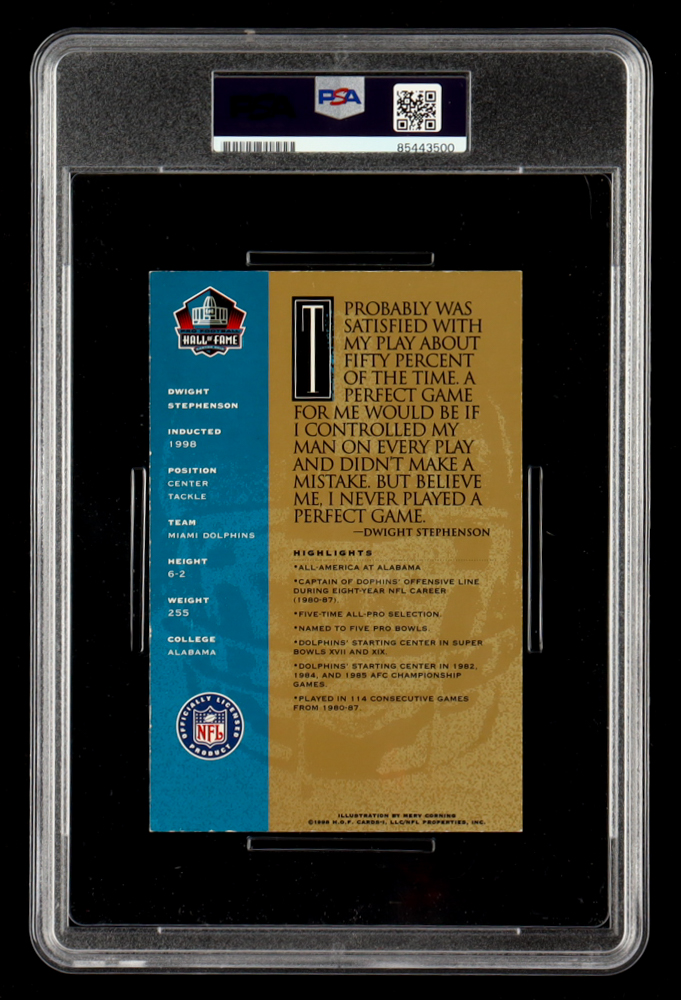 Dwight Stephenson Signed Hall of Fame Signature Series Card Inscribed "HOF '98" (PSA | PSA Auto Grade 10) at PristineAuction.com Dwight Stephenson Signed Hall of Fame Signature Series Card Inscribed "HOF '98" (PSA | PSA Auto Grade 10) at PristineAuction.com