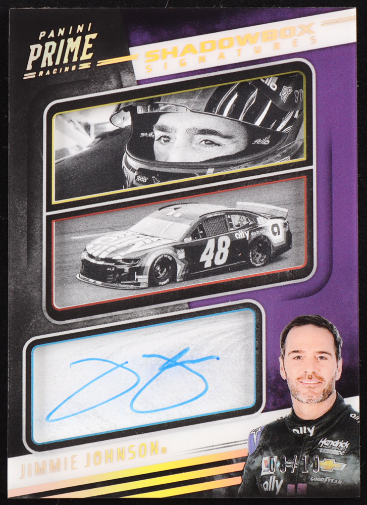 Jimmie Johnson 2019 Panini Prime Shadowbox Signatures Holo Gold #17 #8/10 at PristineAuction.com Jimmie Johnson 2019 Panini Prime Shadowbox Signatures Holo Gold #17 #8/10 at PristineAuction.com
