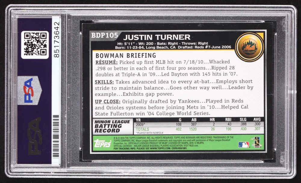 Justin Turner Signed 2010 Bowman Draft #BDP105 RC (PSA) at PristineAuction.com Justin Turner Signed 2010 Bowman Draft #BDP105 RC (PSA) at PristineAuction.com