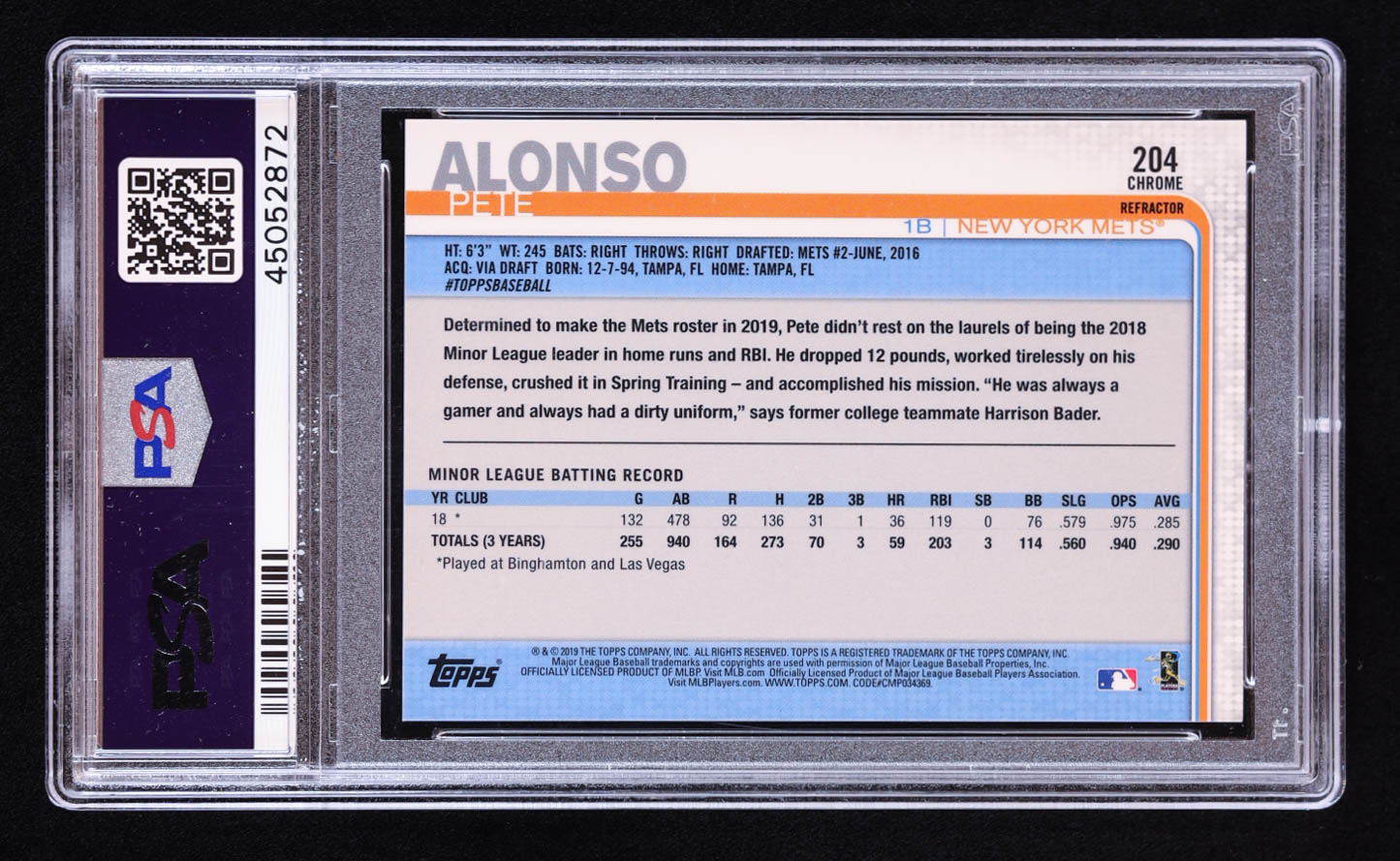 Pete Alonso 2019 Topps Chrome Pink Refractors #204 RC (PSA 10) at PristineAuction.com Pete Alonso 2019 Topps Chrome Pink Refractors #204 RC (PSA 10) at PristineAuction.com