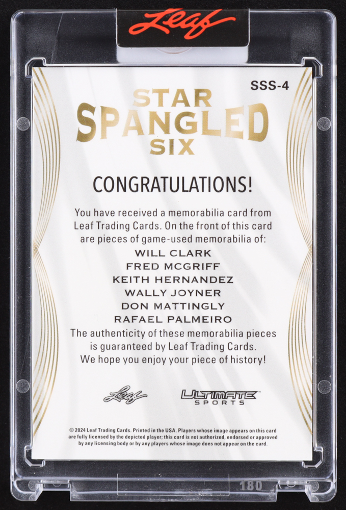 Will Clark / Fred McGriff / Keith Hernandez / Wally Joyner / Don Mattingly / Rafael Palmeiro 2024 Leaf Ultimate Sports Star Spangled Six Pink #SSS4 #1/6 at PristineAuction.com Will Clark / Fred McGriff / Keith Hernandez / Wally Joyner / Don Mattingly / Rafael Palmeiro 2024 Leaf Ultimate Sports Star Spangled Six Pink #SSS4 #1/6 at PristineAuction.com