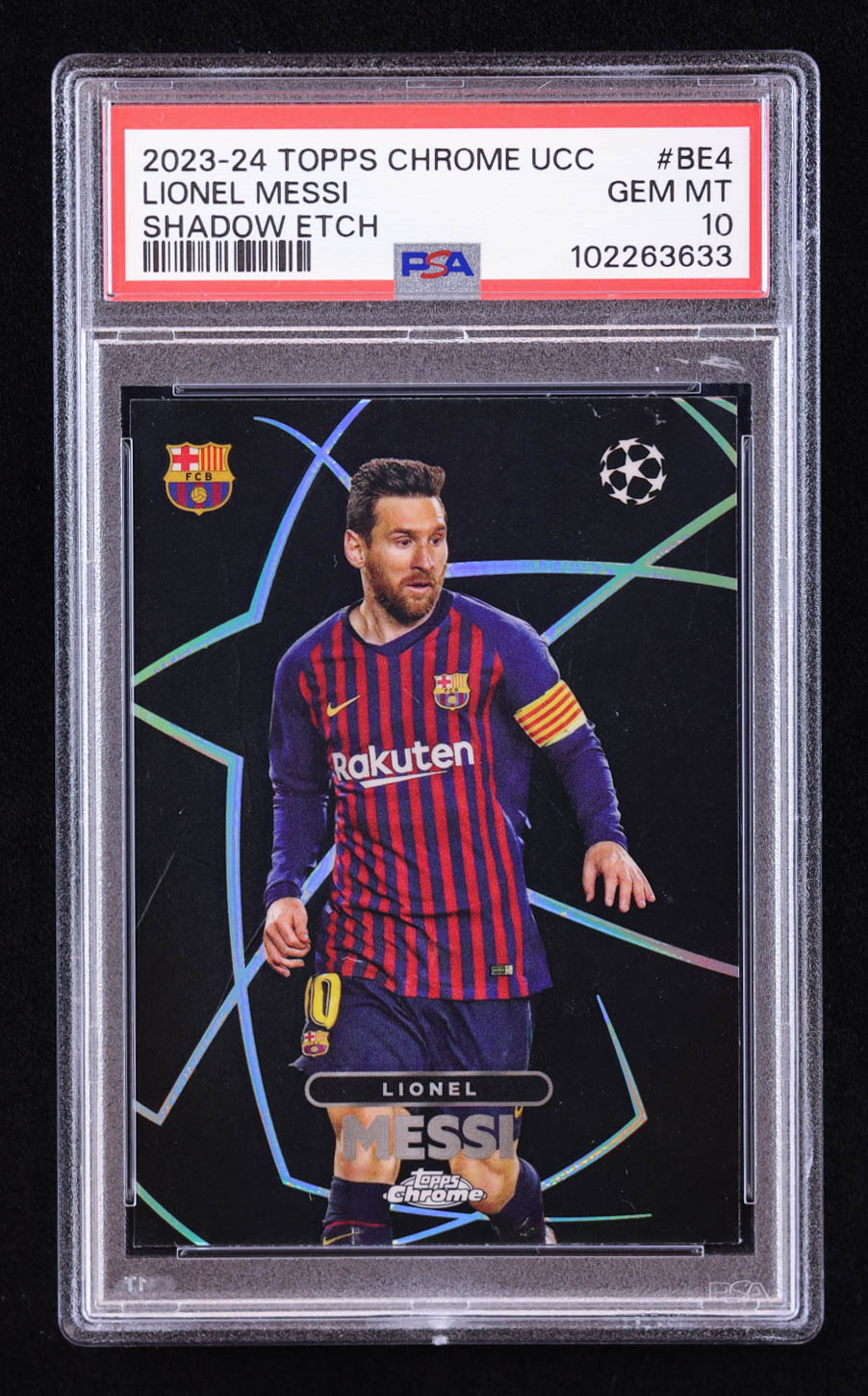 Lionel Messi 2023-24 Topps Chrome UEFA Club Competitions Shadow Etch #BE4 (PSA 10) at PristineAuction.com Lionel Messi 2023-24 Topps Chrome UEFA Club Competitions Shadow Etch #BE4 (PSA 10) at PristineAuction.com