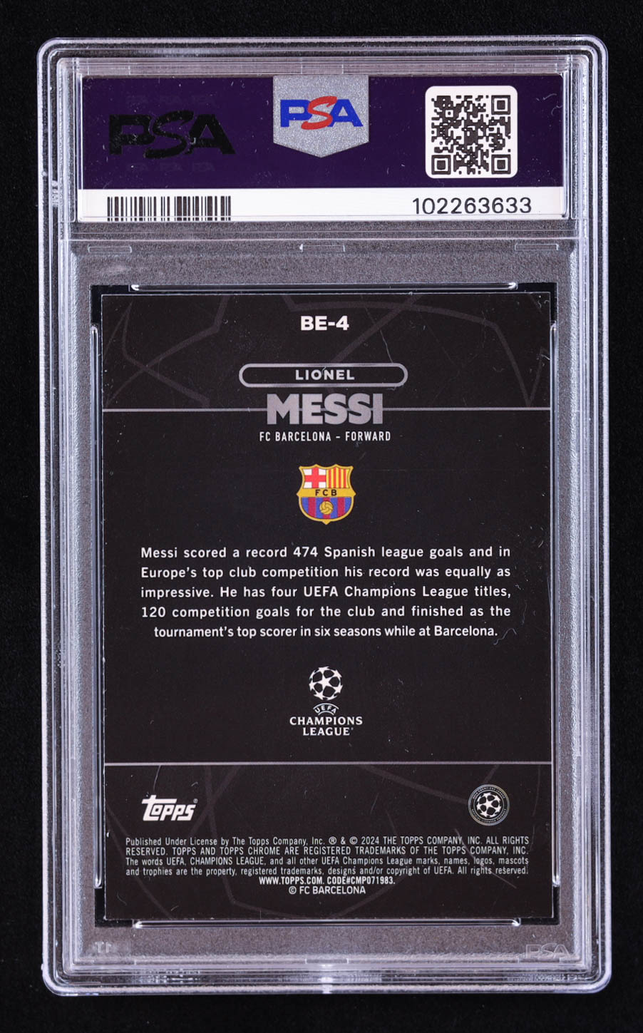 Lionel Messi 2023-24 Topps Chrome UEFA Club Competitions Shadow Etch #BE4 (PSA 10) at PristineAuction.com Lionel Messi 2023-24 Topps Chrome UEFA Club Competitions Shadow Etch #BE4 (PSA 10) at PristineAuction.com