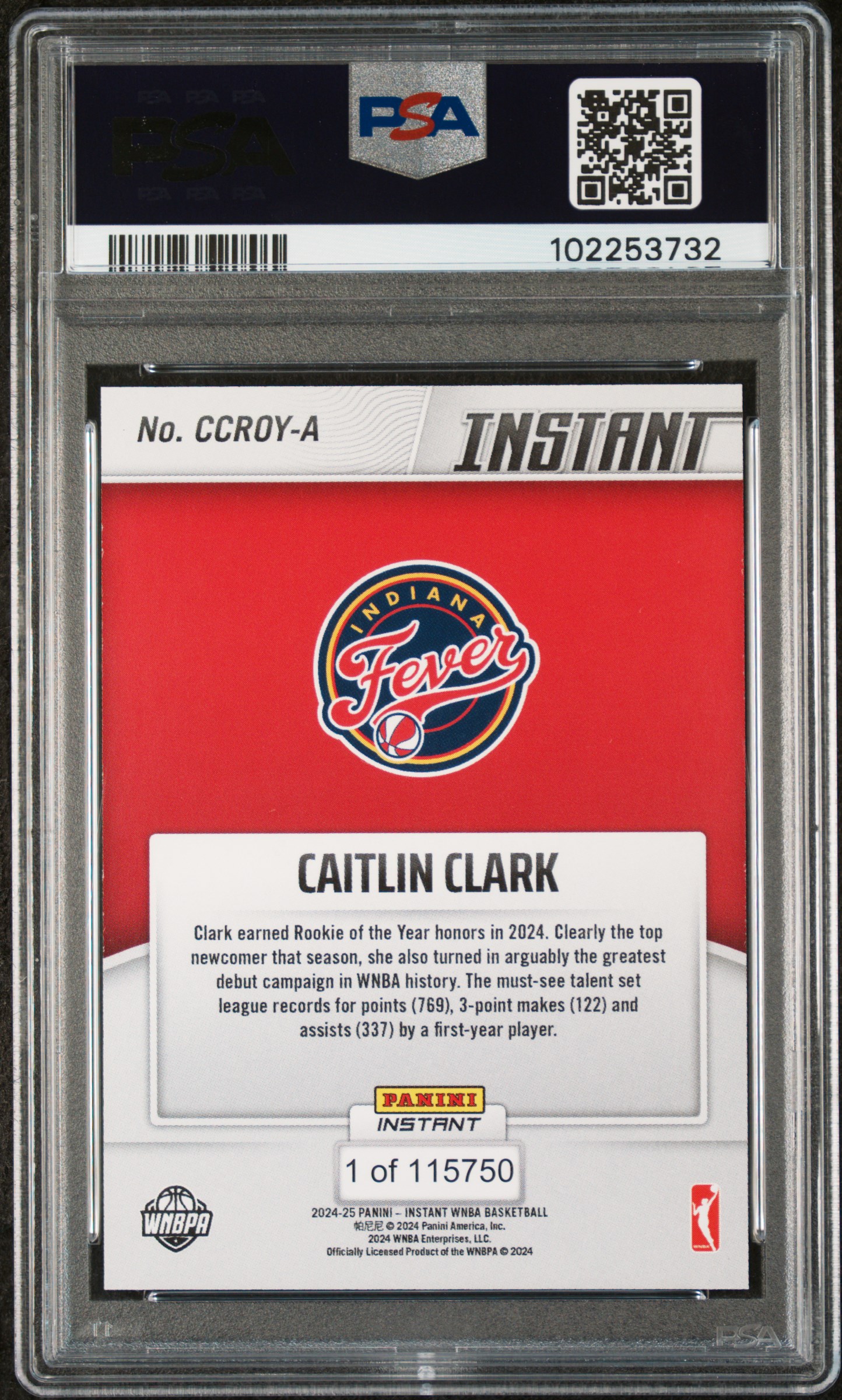 Caitlin Clark 2024 Panini Instant WNBA Caitlin Clark Rookie of the Year #CCROYA RC (PSA 10) at PristineAuction.com Caitlin Clark 2024 Panini Instant WNBA Caitlin Clark Rookie of the Year #CCROYA RC (PSA 10) at PristineAuction.com