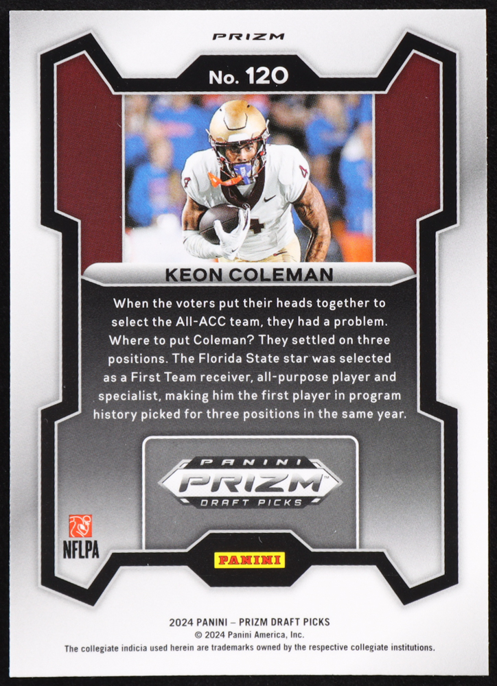 Keon Coleman 2024 Panini Prizm Draft Picks Prizms Green #120 RC at PristineAuction.com Keon Coleman 2024 Panini Prizm Draft Picks Prizms Green #120 RC at PristineAuction.com