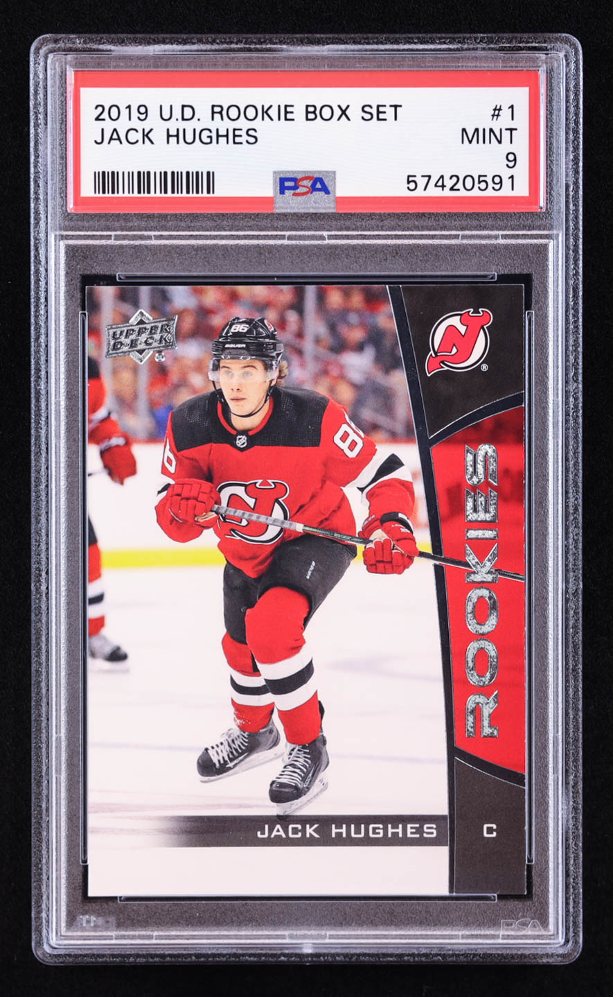 Jack Hughes 2019-20 Upper Deck Rookies Box Set #1 RC (PSA 9) at PristineAuction.com Jack Hughes 2019-20 Upper Deck Rookies Box Set #1 RC (PSA 9) at PristineAuction.com