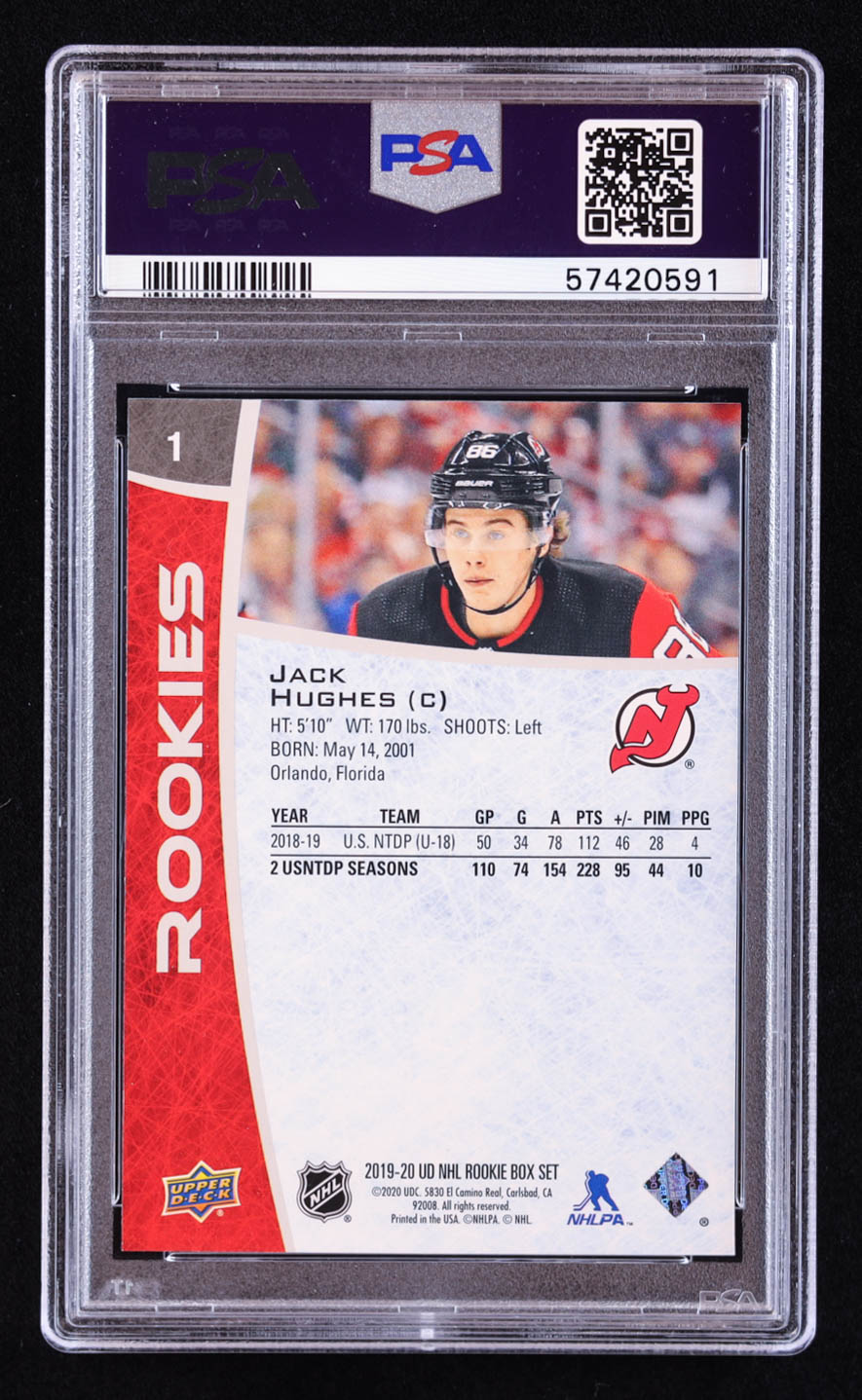 Jack Hughes 2019-20 Upper Deck Rookies Box Set #1 RC (PSA 9) at PristineAuction.com Jack Hughes 2019-20 Upper Deck Rookies Box Set #1 RC (PSA 9) at PristineAuction.com