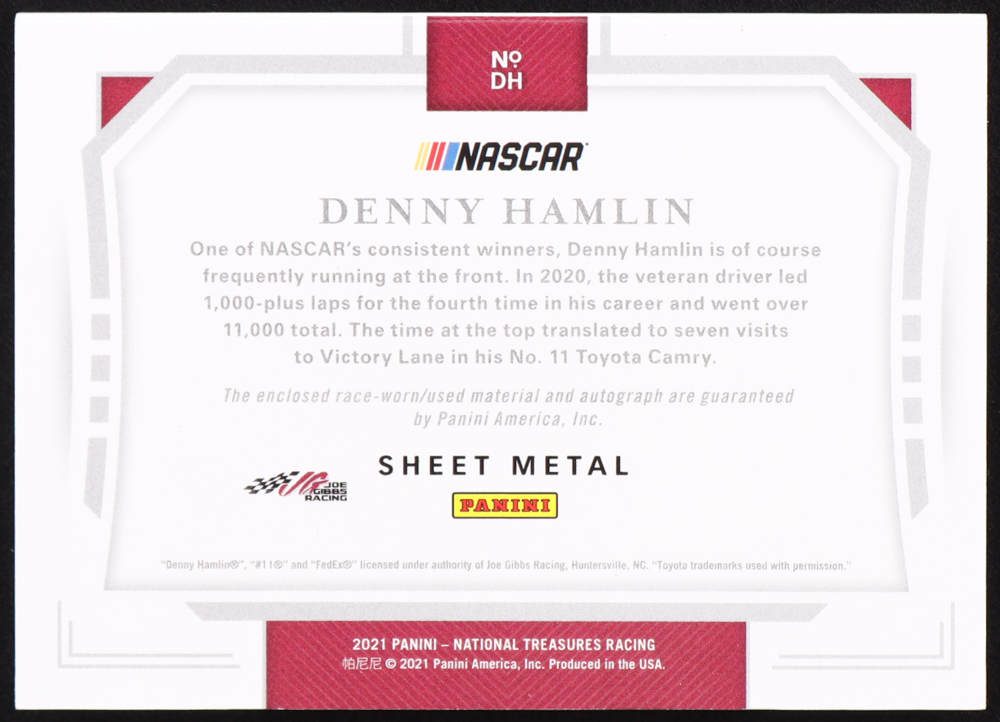 Denny Hamlin 2021 Panini National Treasures Jumbo Sheet Metal Signature Booklets #7 #05/25 at PristineAuction.com Denny Hamlin 2021 Panini National Treasures Jumbo Sheet Metal Signature Booklets #7 #05/25 at PristineAuction.com