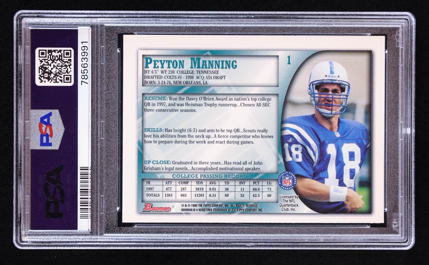 Peyton Manning 1998 Bowman #1 RC (PSA 9) at PristineAuction.com Peyton Manning 1998 Bowman #1 RC (PSA 9) at PristineAuction.com