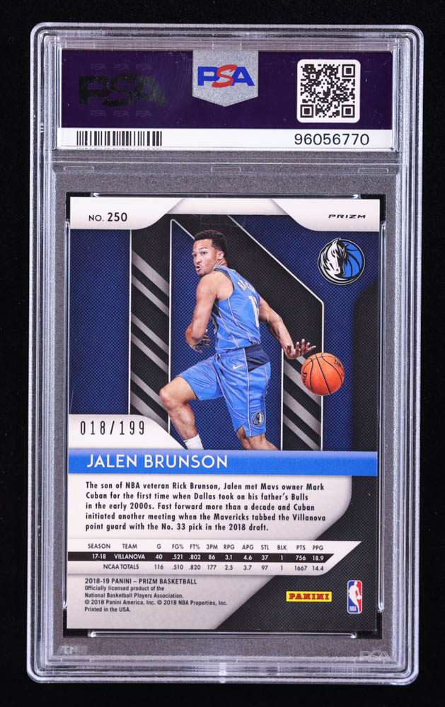 Jalen Brunson 2018-19 Panini Prizm Prizms Blue #250 RC #18/199 (PSA 10) at PristineAuction.com Jalen Brunson 2018-19 Panini Prizm Prizms Blue #250 RC #18/199 (PSA 10) at PristineAuction.com