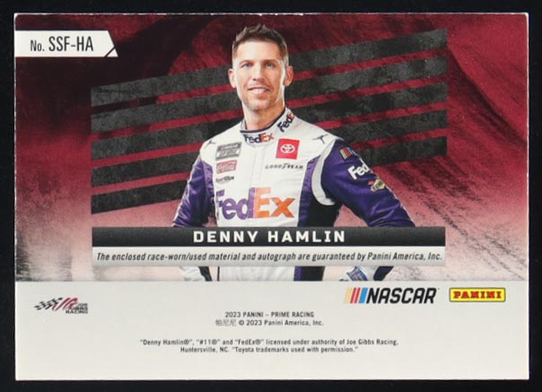 Denny Hamlin 2023 Panini Prime Souvenir Signatures Tire Holo Gold #SSFHA #19/25 at PristineAuction.com Denny Hamlin 2023 Panini Prime Souvenir Signatures Tire Holo Gold #SSFHA #19/25 at PristineAuction.com