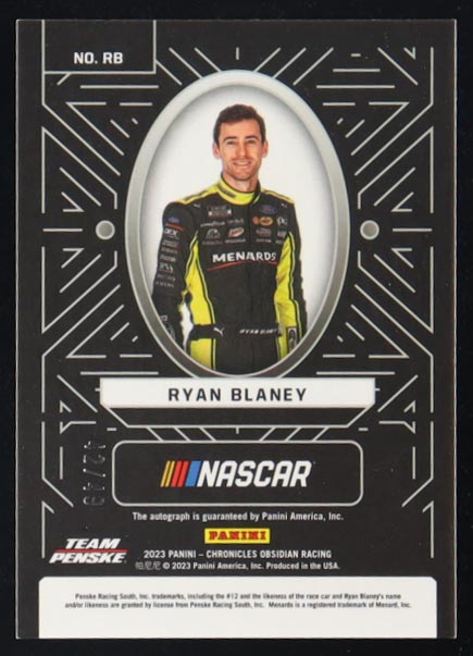 Ryan Blaney 2023 Panini Chronicles Obsidian Autographs Electric Etch Purple #RB #42/49 at PristineAuction.com Ryan Blaney 2023 Panini Chronicles Obsidian Autographs Electric Etch Purple #RB #42/49 at PristineAuction.com