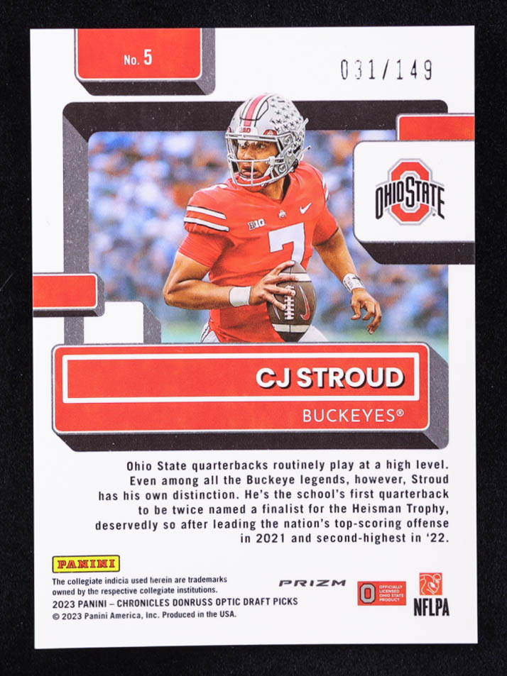 CJ Stroud 2023 Panini Chronicles Draft Picks Donruss Optic Rated Rookies Red #5 RC #031/149 at PristineAuction.com CJ Stroud 2023 Panini Chronicles Draft Picks Donruss Optic Rated Rookies Red #5 RC #031/149 at PristineAuction.com