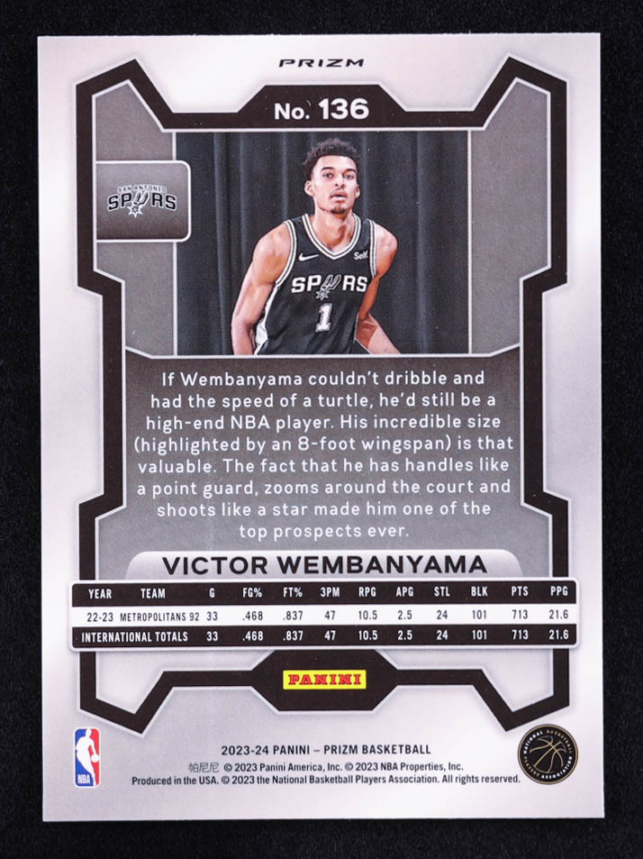 Victor Wembanyama 2023-24 Panini Prizm Prizms Red White and Blue #136 RC at PristineAuction.com Victor Wembanyama 2023-24 Panini Prizm Prizms Red White and Blue #136 RC at PristineAuction.com