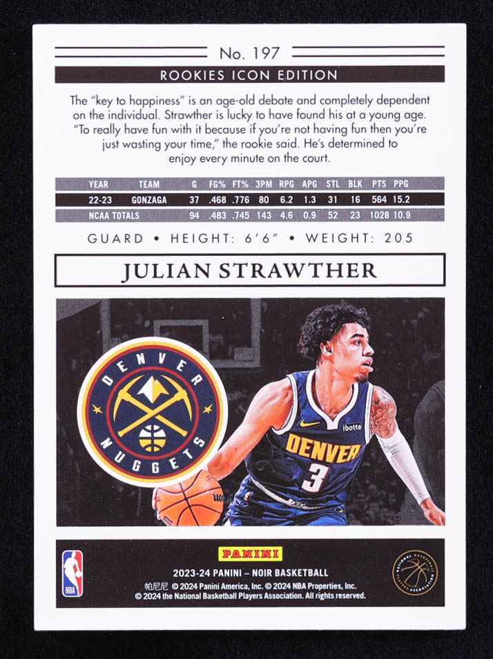 Julian Strawther 2023-24 Panini Noir Gold #197 RC #02/10 at PristineAuction.com Julian Strawther 2023-24 Panini Noir Gold #197 RC #02/10 at PristineAuction.com