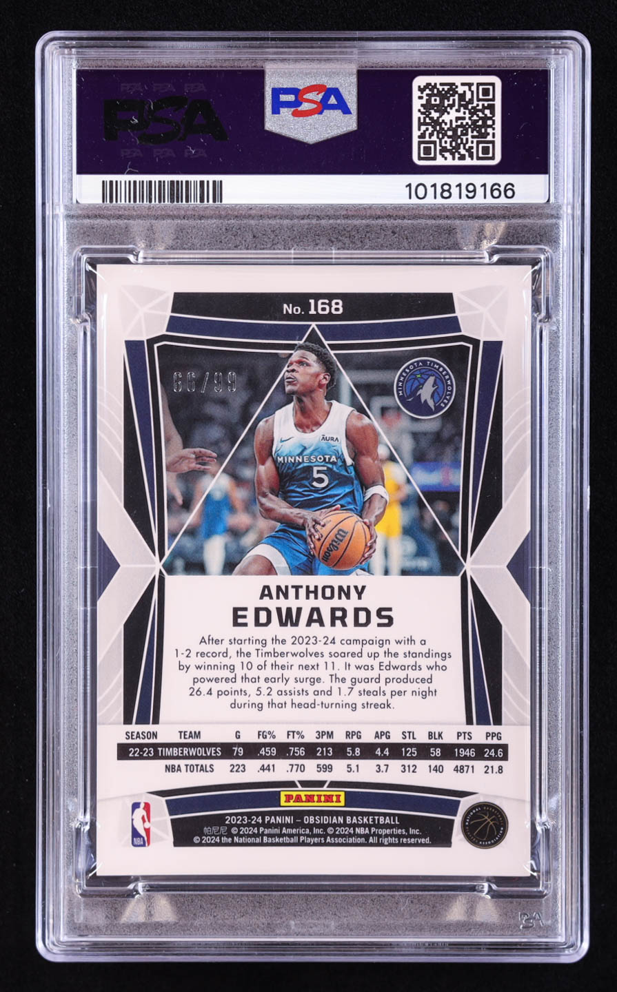 Anthony Edwards 2023-24 Panini Obsidian Electric Etch Orange Flood #168 #66/99 (PSA 10) at PristineAuction.com Anthony Edwards 2023-24 Panini Obsidian Electric Etch Orange Flood #168 #66/99 (PSA 10) at PristineAuction.com