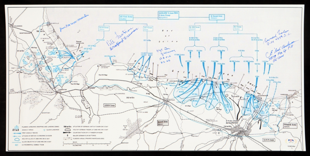 D-Day Veterans Multi Signed Operation Overlord 12x24 Map Photograph (PSA) x6 Veterans at PristineAuction.com D-Day Veterans Multi Signed Operation Overlord 12x24 Map Photograph (PSA) x6 Veterans at PristineAuction.com