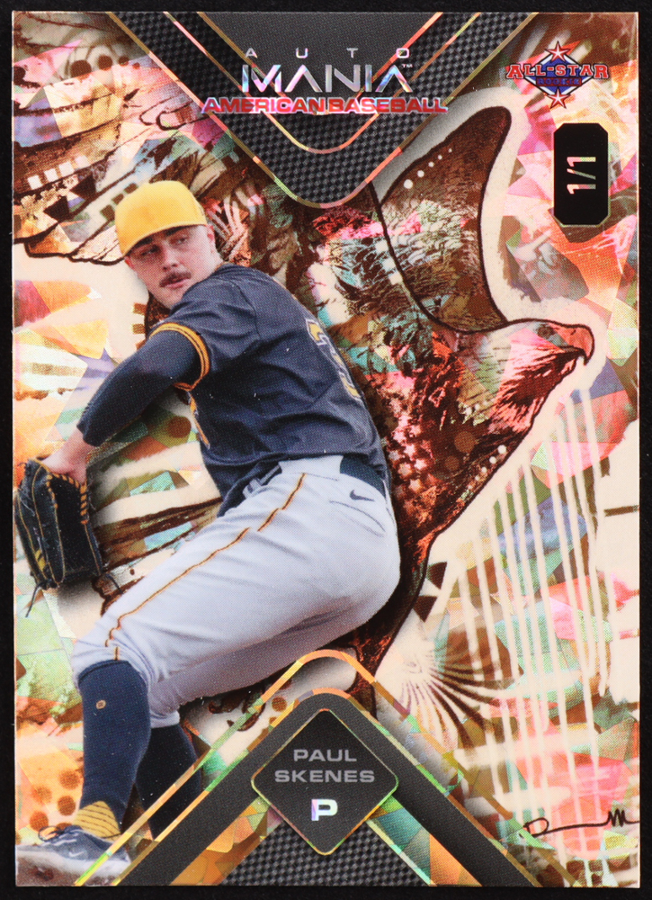 Paul Skenes 2024 Wild Card Auto Mania Triangle American Eagle Cracked Ice #AMATPS3 RC #1/1 at PristineAuction.com Paul Skenes 2024 Wild Card Auto Mania Triangle American Eagle Cracked Ice #AMATPS3 RC #1/1 at PristineAuction.com