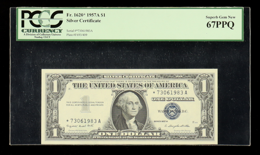1957-A U.S. $1 One Dollar Silver Certificate - Blue Seal (PMG SBN 67PPQ) at PristineAuction.com 1957-A U.S. $1 One Dollar Silver Certificate - Blue Seal (PMG SBN 67PPQ) at PristineAuction.com