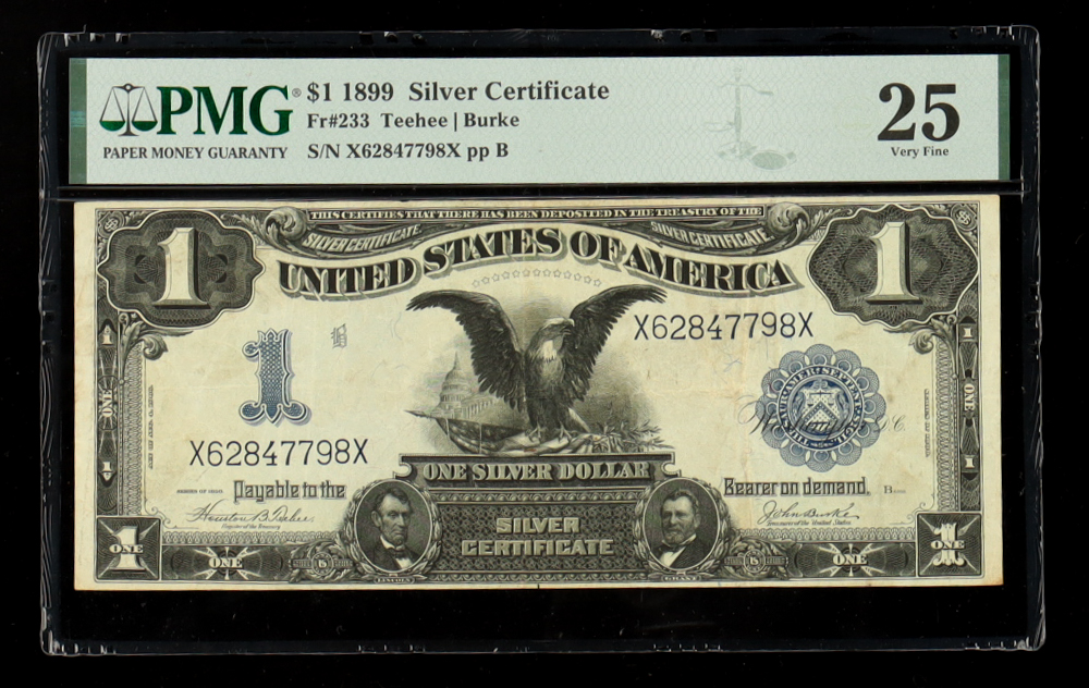 1899 U.S. $1 "Black Eagle" Silver Certificate - Fr. 233 Signed: Teehee / Burke (PMG Very Fine 25) at PristineAuction.com 1899 U.S. $1 "Black Eagle" Silver Certificate - Fr. 233 Signed: Teehee / Burke (PMG Very Fine 25) at PristineAuction.com