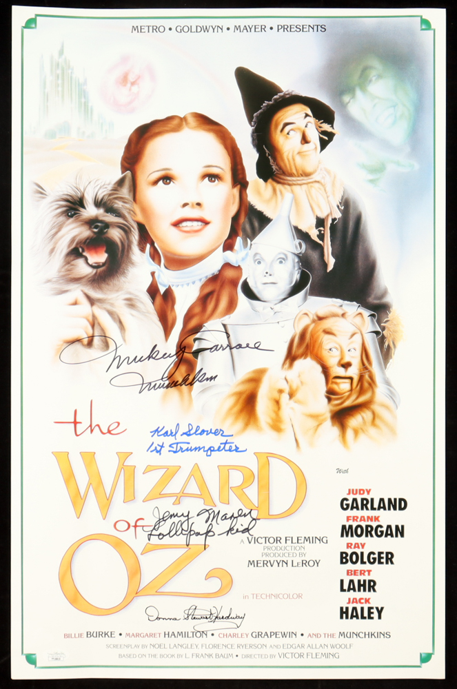 "The Wizard of Oz" 16x24 Poster Cast-Signed by (4) with Mickey Carroll, Jerry Maren, Karl Slover, & Donna Stewart Hardway with Multiple Inscriptions (JSA) at PristineAuction.com "The Wizard of Oz" 16x24 Poster Cast-Signed by (4) with Mickey Carroll, Jerry Maren, Karl Slover, & Donna Stewart Hardway with Multiple Inscriptions (JSA) at PristineAuction.com