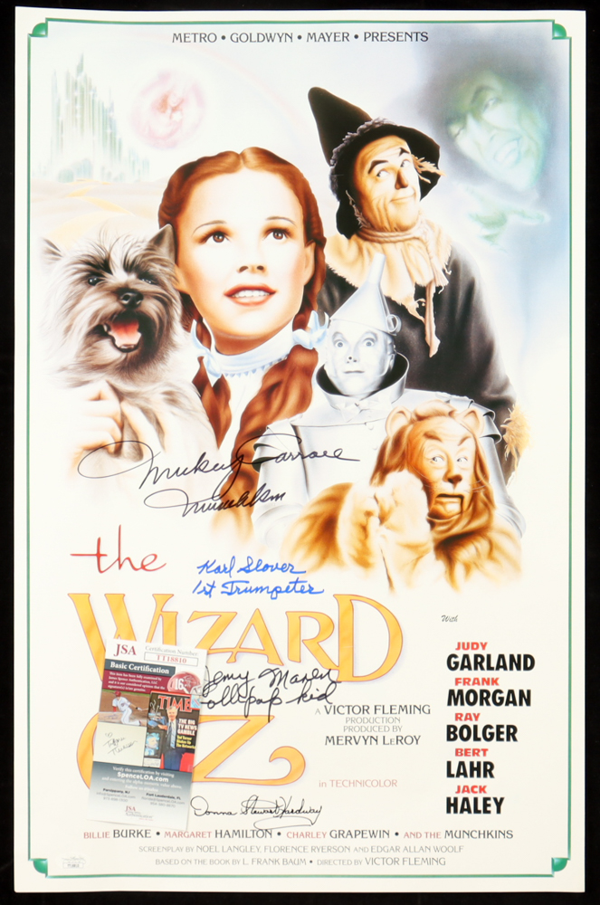 "The Wizard of Oz" 16x24 Poster Cast-Signed by (4) with Mickey Carroll, Jerry Maren, Karl Slover, & Donna Stewart Hardway with Multiple Inscriptions (JSA) at PristineAuction.com "The Wizard of Oz" 16x24 Poster Cast-Signed by (4) with Mickey Carroll, Jerry Maren, Karl Slover, & Donna Stewart Hardway with Multiple Inscriptions (JSA) at PristineAuction.com